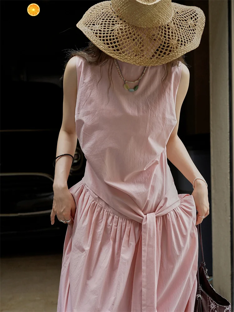 HanOrange 2025 Summer Temperament 3D Pleated Strap Tank Dress Lightweight Breathable 100% Cotton Long Dress Pink/Navy Blue