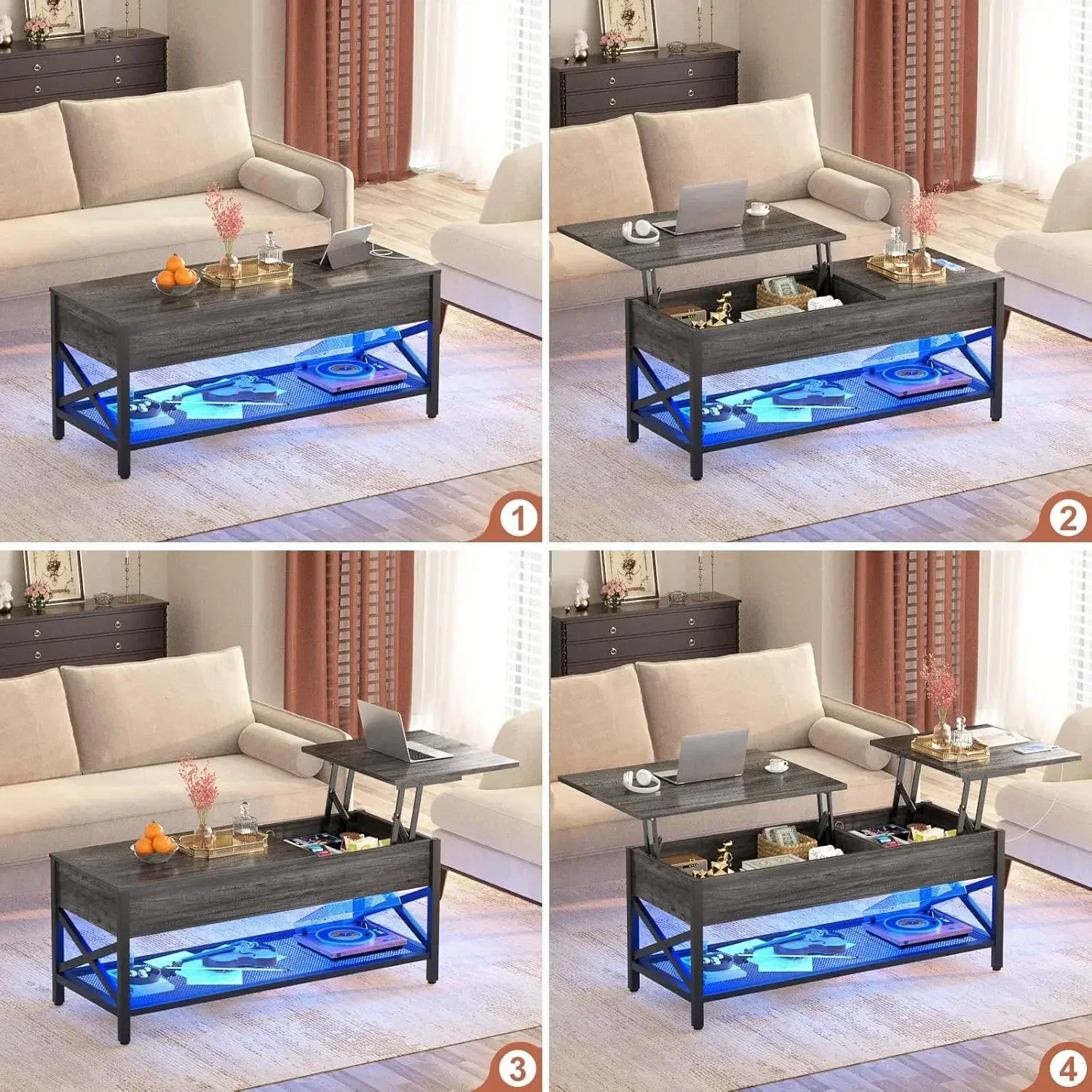 Mesa de centro, mesa de centro elevable con almacenamiento, luz LED, toma de corriente y compartimento oculto, mesa central retro para sala de estar