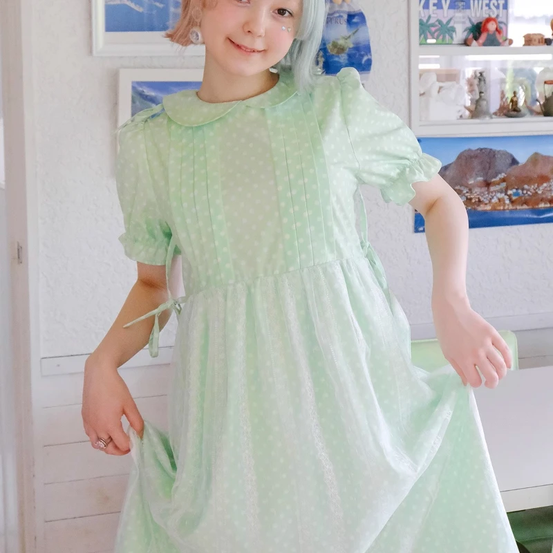 2025 New Spring And Summer Women's Fake Two-piece Long Dress Cute Doll Collar Green Polka Dot Japanese Sweet Thin Ladies Dresses