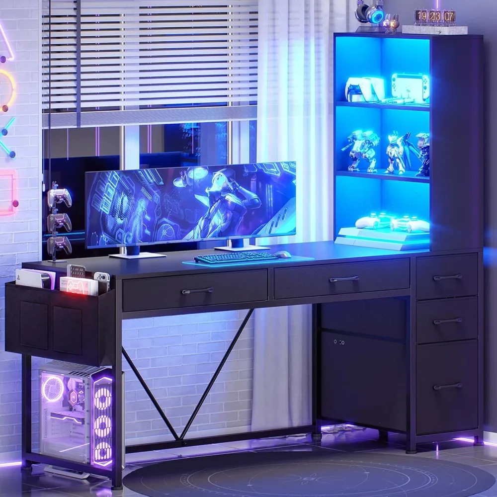 

Computer Gaming Desk with 5 Drawers and Bookshelf, Reversible Home Office Desk with Storage Shelves and File Drawer, Corn