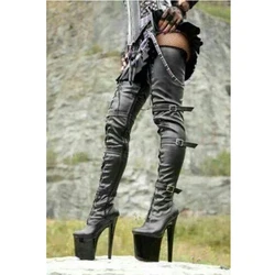 Black Buckle Strap Thigh High Boots Waterproof Matte Leather Stiletto High Heel Women Shoes 2024 Sexy Zapatos Para Mujere