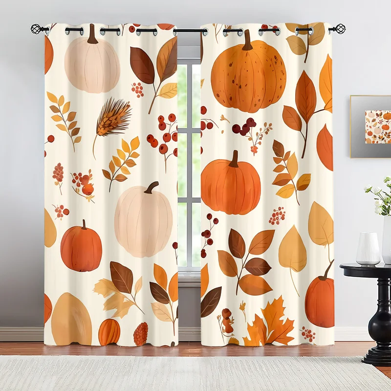 2Pc Fall Pumpkin Maple Leaf Print Curtains Light Blocking Curtains Decorative Drapes for Bedroom Living Room Thanksgiving Decor
