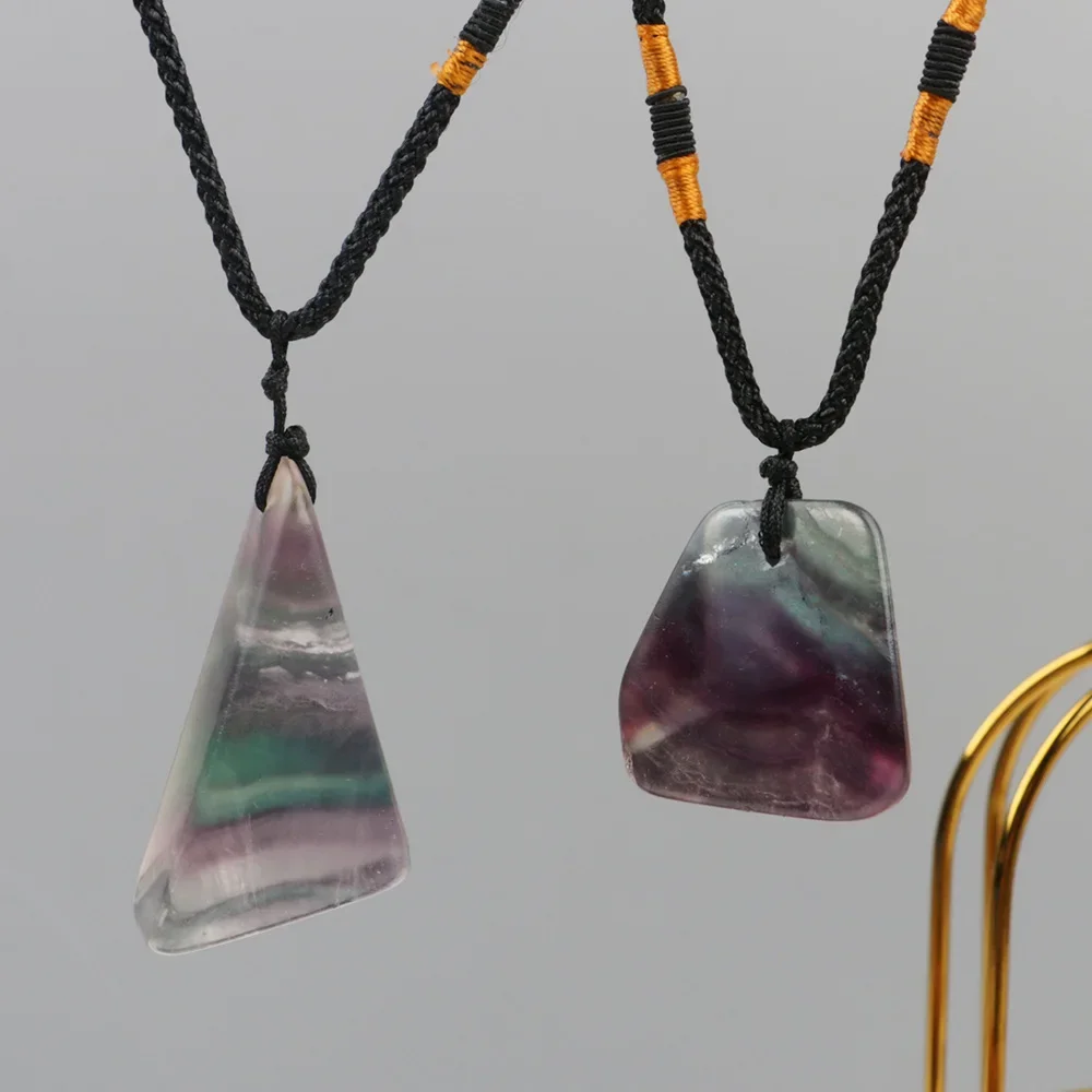 Rainbow Fluorite Pendant 1PC Irregular Shape Reiki Natural Crystal Slice Raw Quartz Gemstone Necklaces Black Rope for Women Gift