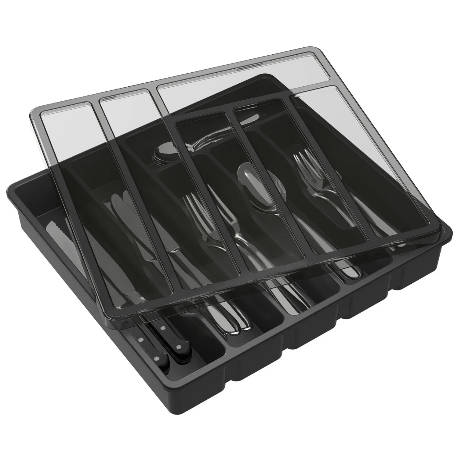 

Silverware Organizer with Lid, Covered Utensil Tray for Kitchen Drawer and Countertop, Plastic Cutlery and Flatware Box for Spo