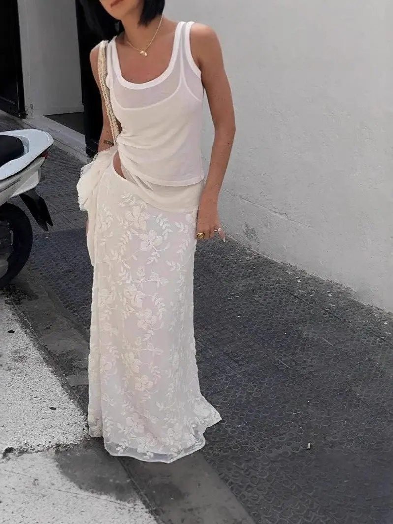 

Сексуальная длинная юбка с низкой талией и кружевной отделкой, женская юбка миди с вышивкой из ПВХ, рукава «летучая мышь» для девушек 8-24 лет