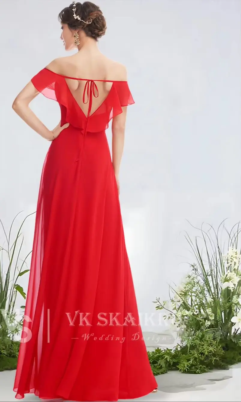 IPO Off Shoulder Bridesmaid Dresses Frosted Lilac A-Line Floor-Length Chiffon Garden Gala Wedding Party Cascading Ruffles