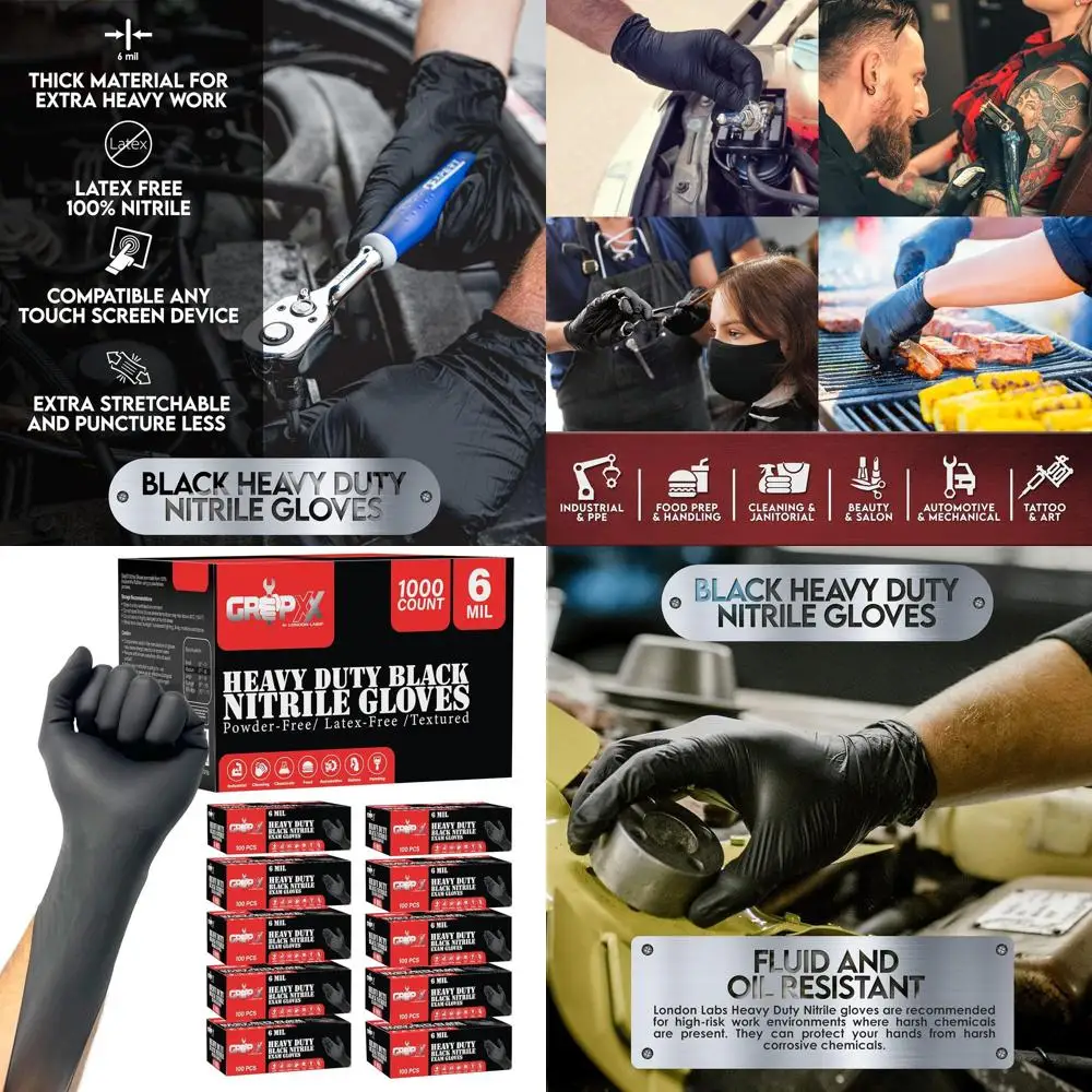 

Durable 6 Mil Black Nitrile Gloves - Disposable, Latex-Free, Powder-Free | Ideal for Mechanics, Food Prep, Tattoos | Suitable fo