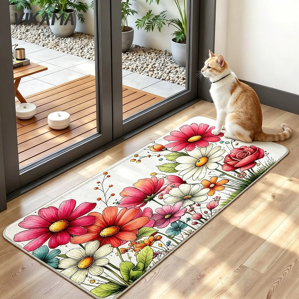 Watercolor Wild Flower Flannel Runner Rug,Colorful Daisy Rose Long Floor Mat,Absorbent Doormat Kitchen Bathroom Bedroom Decor