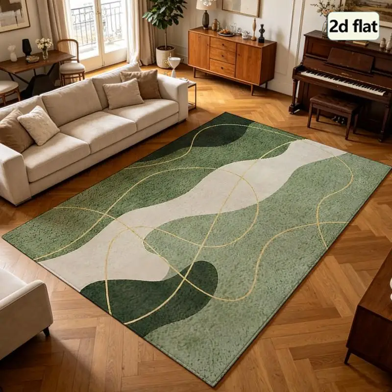 1PC Modern Abstract Wavy Green Cream Area Rug With Gold Curved Lines For Hardwood Floors Large Bedroom Rug Laundry Room Pictures Washable Rugs For Bedroom Boho Decor Living Room Dining Room Entryway
