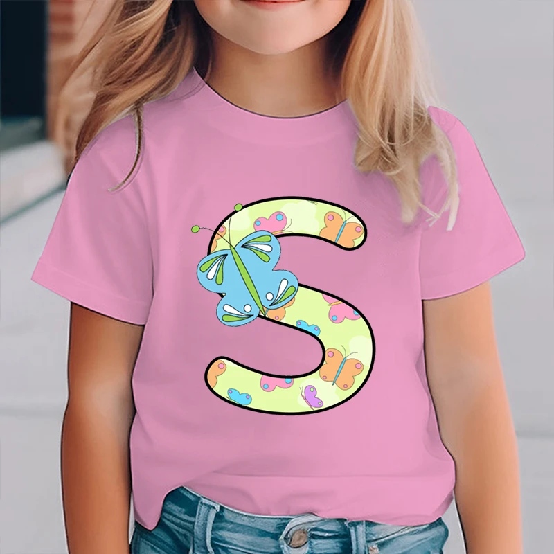 Butterfly Letter S Kids T-Shirt Casual Short Sleeve 100% Cotton Tshirt Fashion Y2K Tops 26 Butterfly Alphabet Print Girls Tshirt