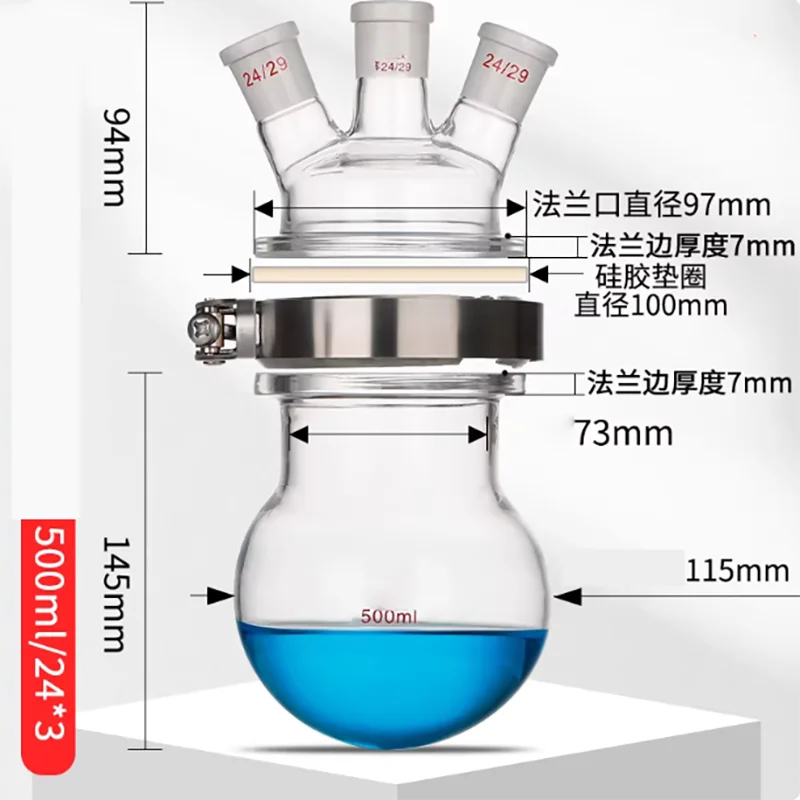 Réacteur en verre à fond plat cylindrique à trois ouvertures inclinées de 500 ml, ouverture 24X24X24