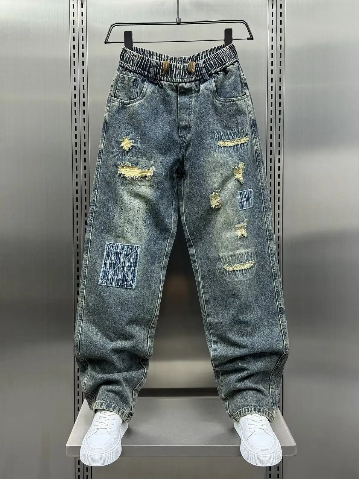 

American Sle Straight Leg Men's Jeans Retro Patch Waed Loose Haome Wide Leg Long Pants Casual Youth Trendy Jeans