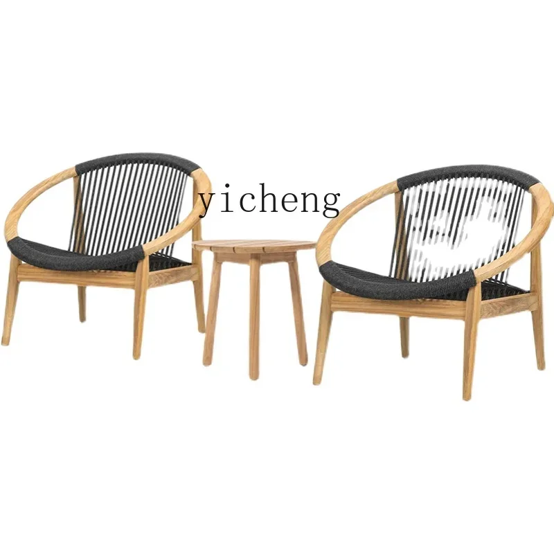 Outdoor Couch Combination Solid Wood Single Seat High Backrest Leisure Rattan Chair Balcony Small Coffee Table