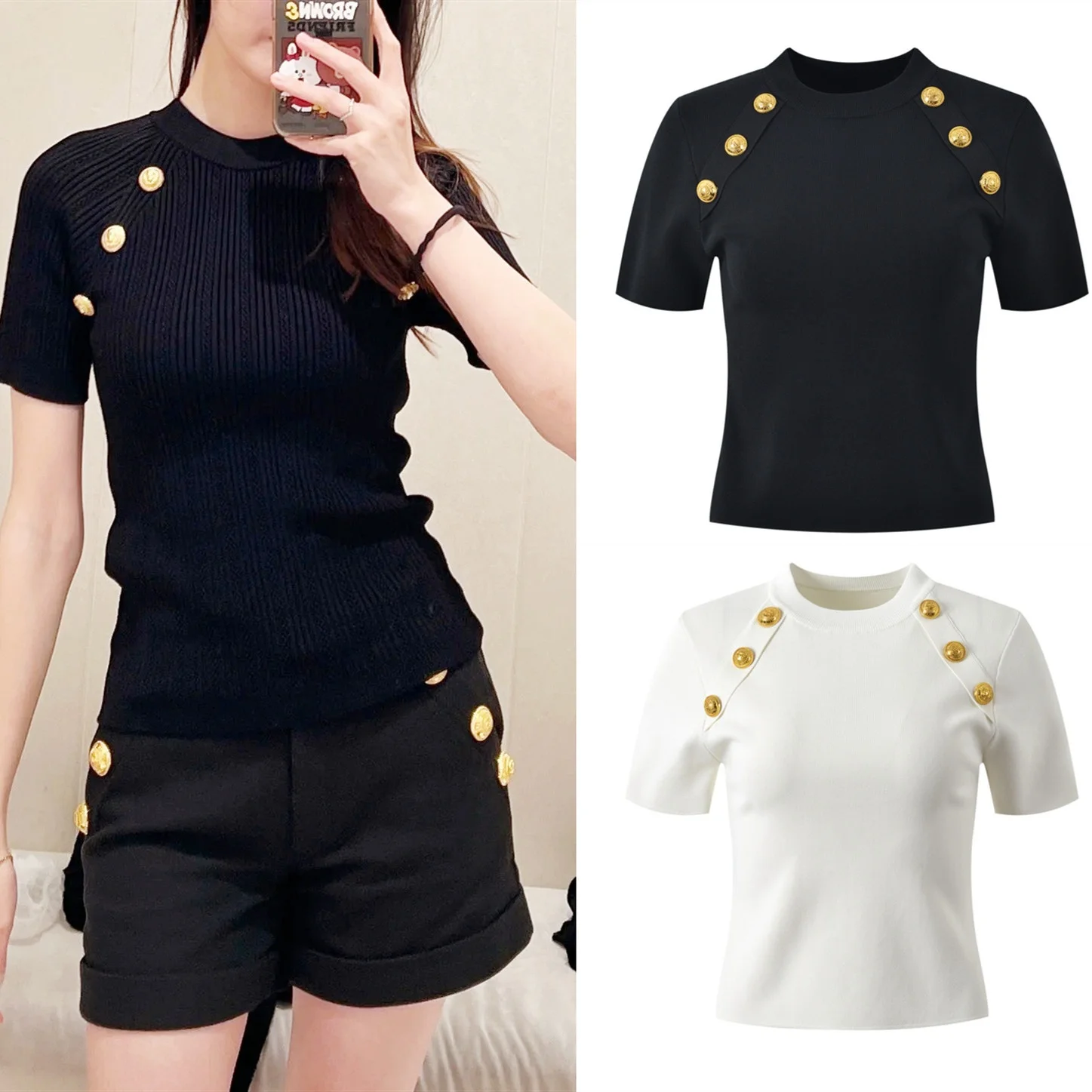 

Ele ort Sve round Ne Knitted T-irt Parisian Gold Bule Design Commute Friendly Slimming Women's Faion Top