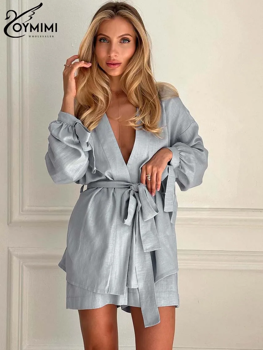 

Oymimi Casual Grey Cotton Women 2 Piece Set Outfit Elegant V-Neck Long Sleeve Lace-Up Shirts And High Waist Simple Shorts Sets