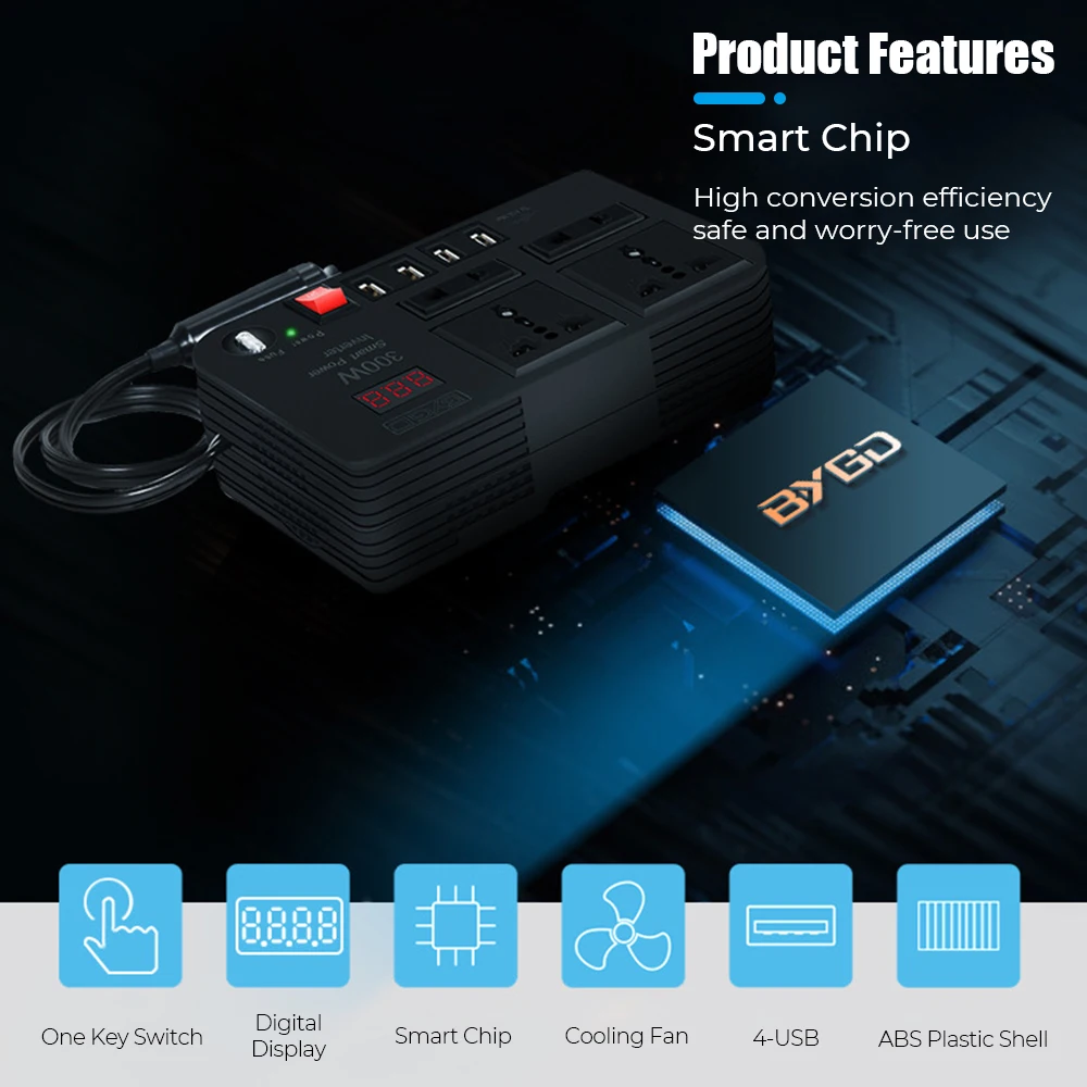 Power Adapter 4 AC Sockets 300W ON/OFF Switch Car Inverter Overload Protection 4 USB Ports DC 12V to AC 220V Converter