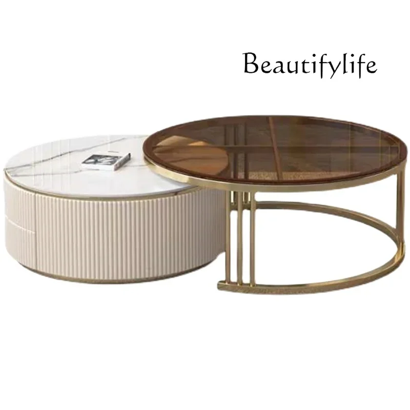 

FTavolino rotondo di lusso leggero con lastra di roccia nordica piccolo appartamento soggiorno casa semplice e moderno in vetro