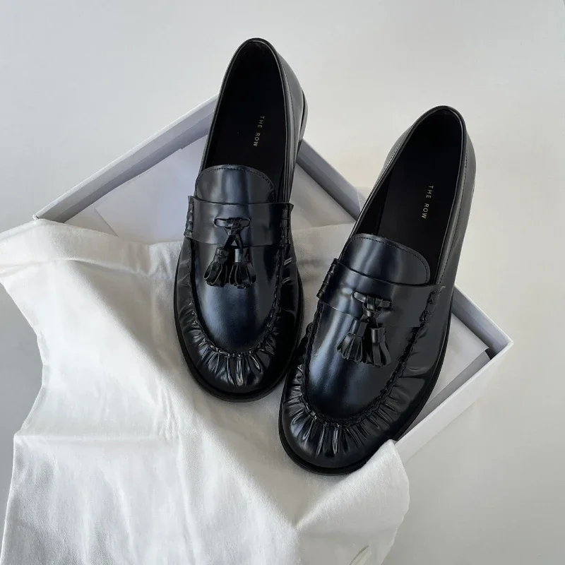 The Spring/Summer Niche Genuine Leather Tassel Loafers Row British Style Flat Heels Comfortable Round Toe Small Leather Shoes