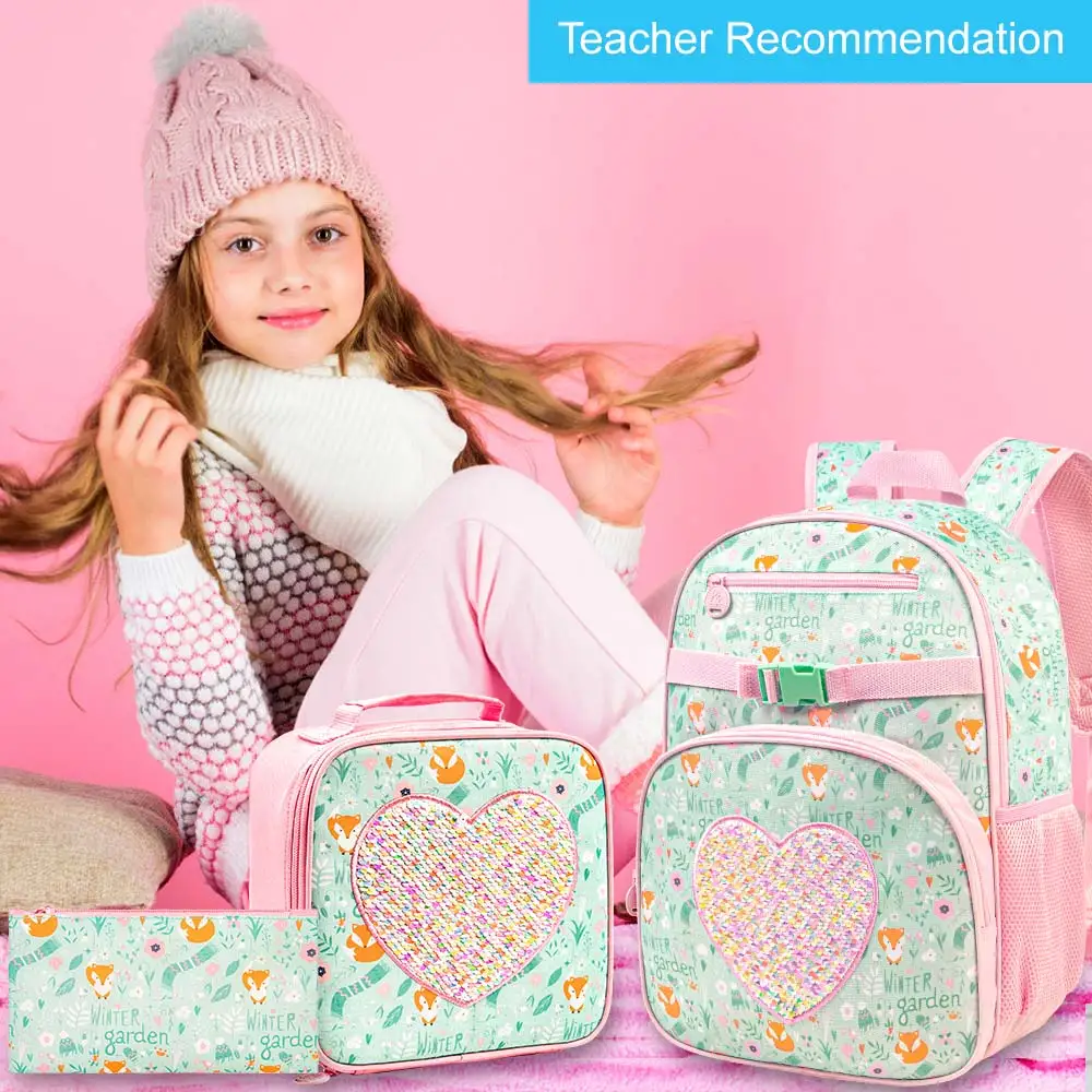 3PCS Kids Backpack for Girls, 16” Preschool Bookbag with Lunch Box, Cute Girl Sequin Backpacks for Elementary School