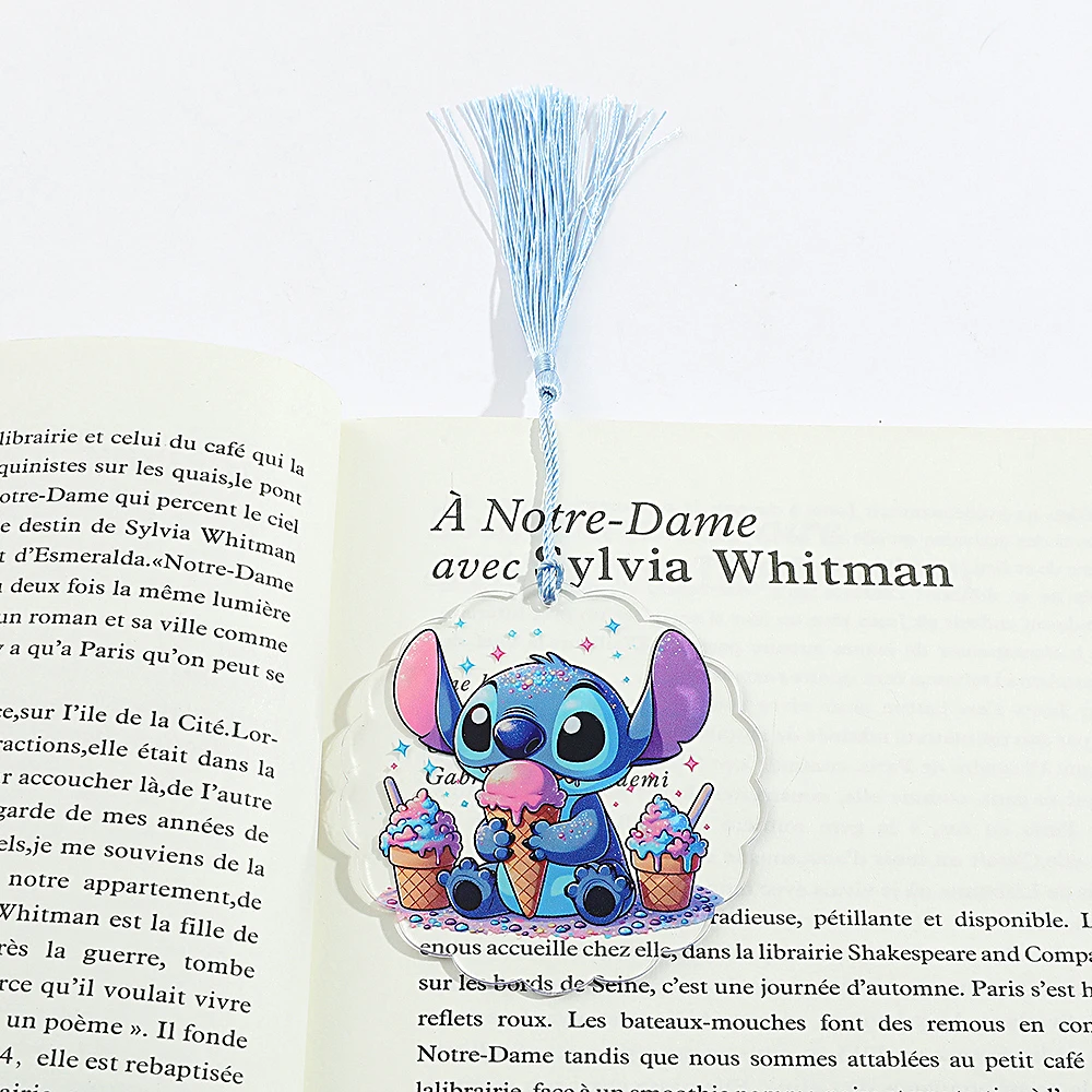 1Pcs Cute Stitch Round Bookmark, Clear Acrylic Bookmark with Tassel for Fans Collection Book Lovers Pearl Lanyard Gift for Women
