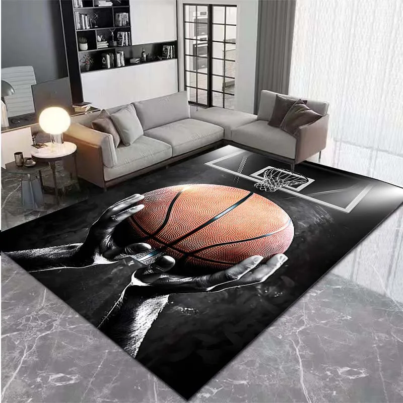 2D Flat Hands Holding Basketball Hoop Black Background Flannel Area Rug Non Slip Sports Theme Carpet ForLiving RoomMan CaveDecor