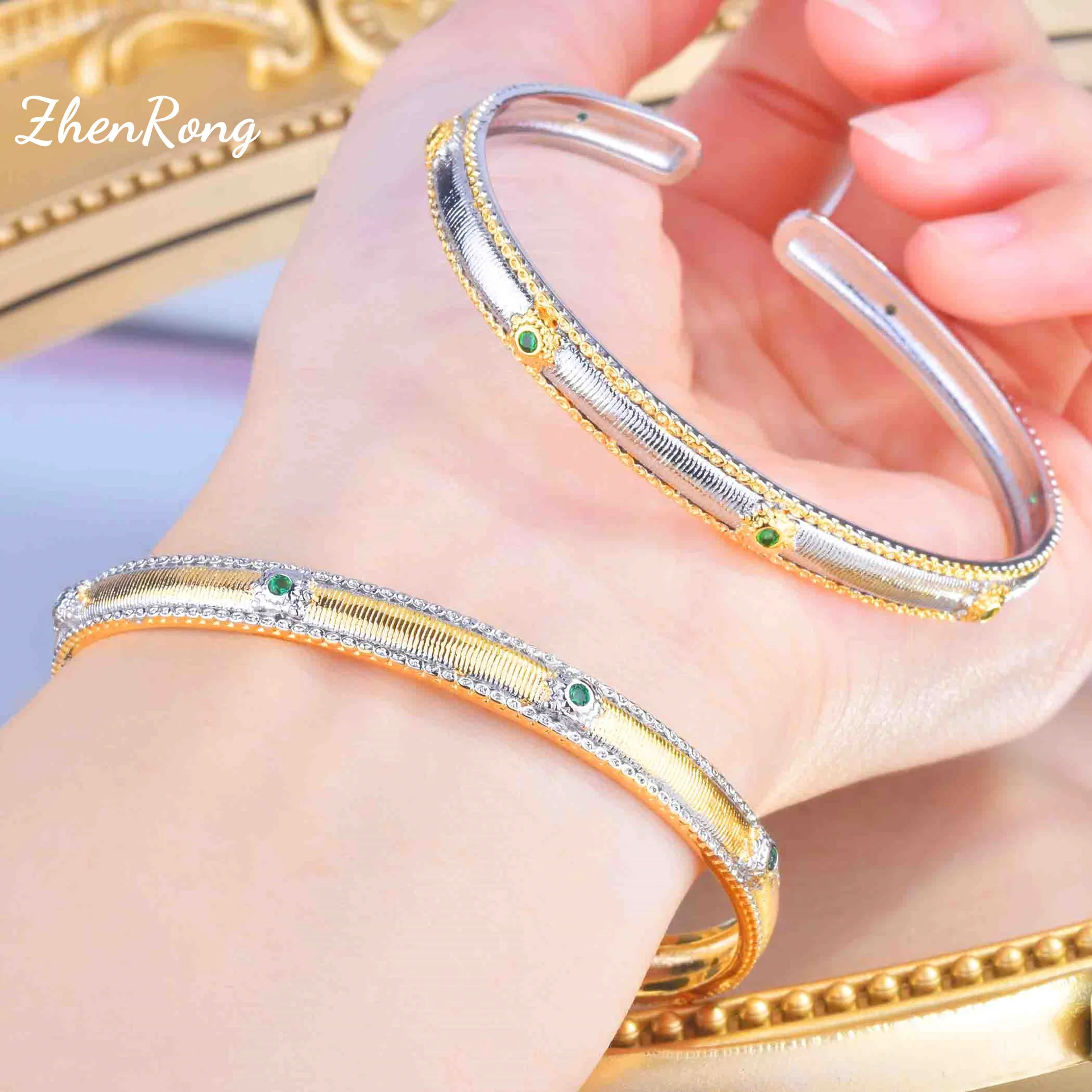 925 Sterling Silver Bracelet Ring Set Italian Brushed Silk Craft Woven Gold Micro Inlaid Green Diamond Bracelet And Ring Jewelry