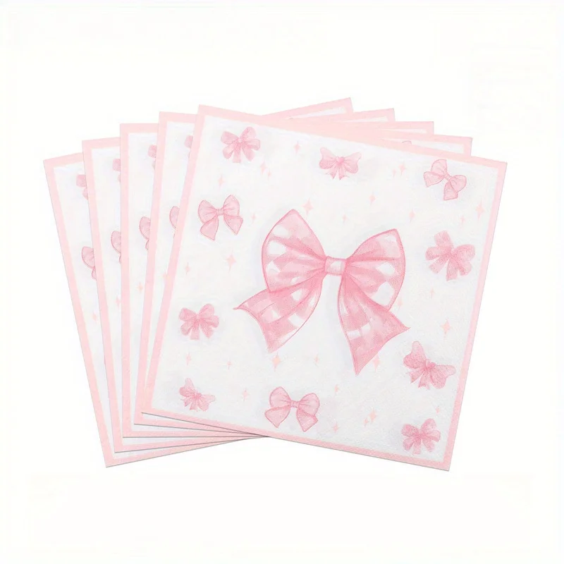 100Pcs Pink Bow Napkins Watercolor Bow Disposable Napkins with Scalloped Edge White Pink Paper Luncheon Dinner Napkins