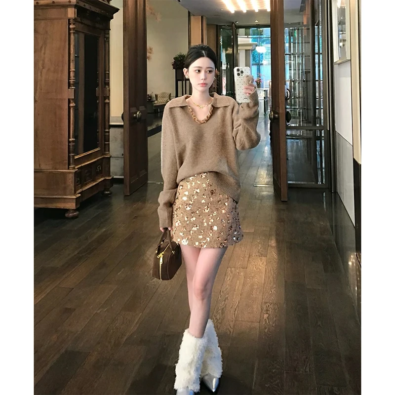 Herbst Winter frauen Lose Gestrickte Pullover Und ort Rock Zwei-Stück Set Faionable Abnehmen Vielseitig Ensemble Casual Wear