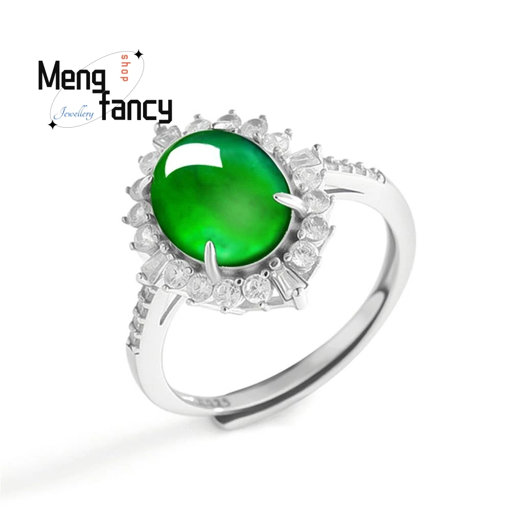 

S925 Silver Inlay Natural A-grade Jadeite Yanggreen Large Egg-shaped Surface Ice-type Jade Ring Exquisite Luxury Fashion Jewelry