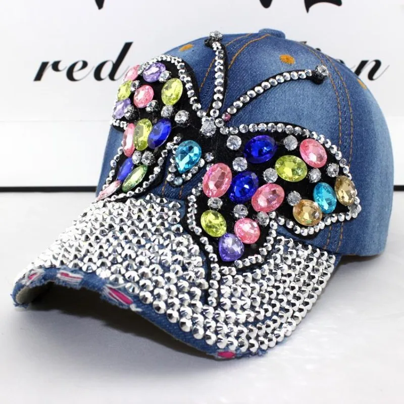 

Visors Fall Baseball Cap Women Full Crystal Colorful Big Butterfly Hat Denim Bling Rhinestone Snapback Casquette Summer Hats