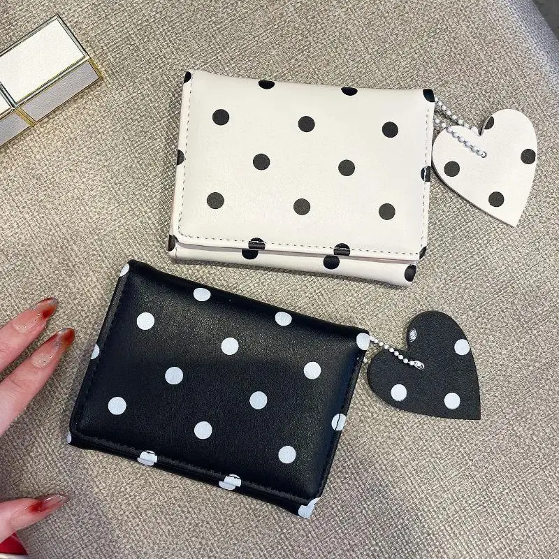 Polka Dot PU Leather Small Wallet Adorable Heart Pendant Waterproof Compact Design Card Holder for Women Office Work Use