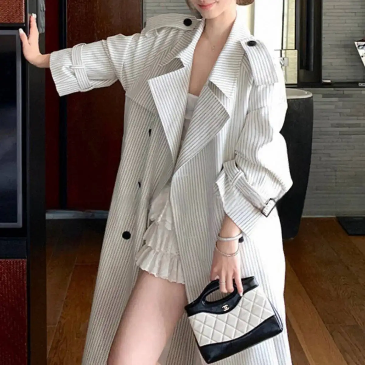

KWTX 2025 New Women Trench Coat Spring Autumn Striped Double Breasted Stand Collar Belted Casual Chic Elegant Minimalist