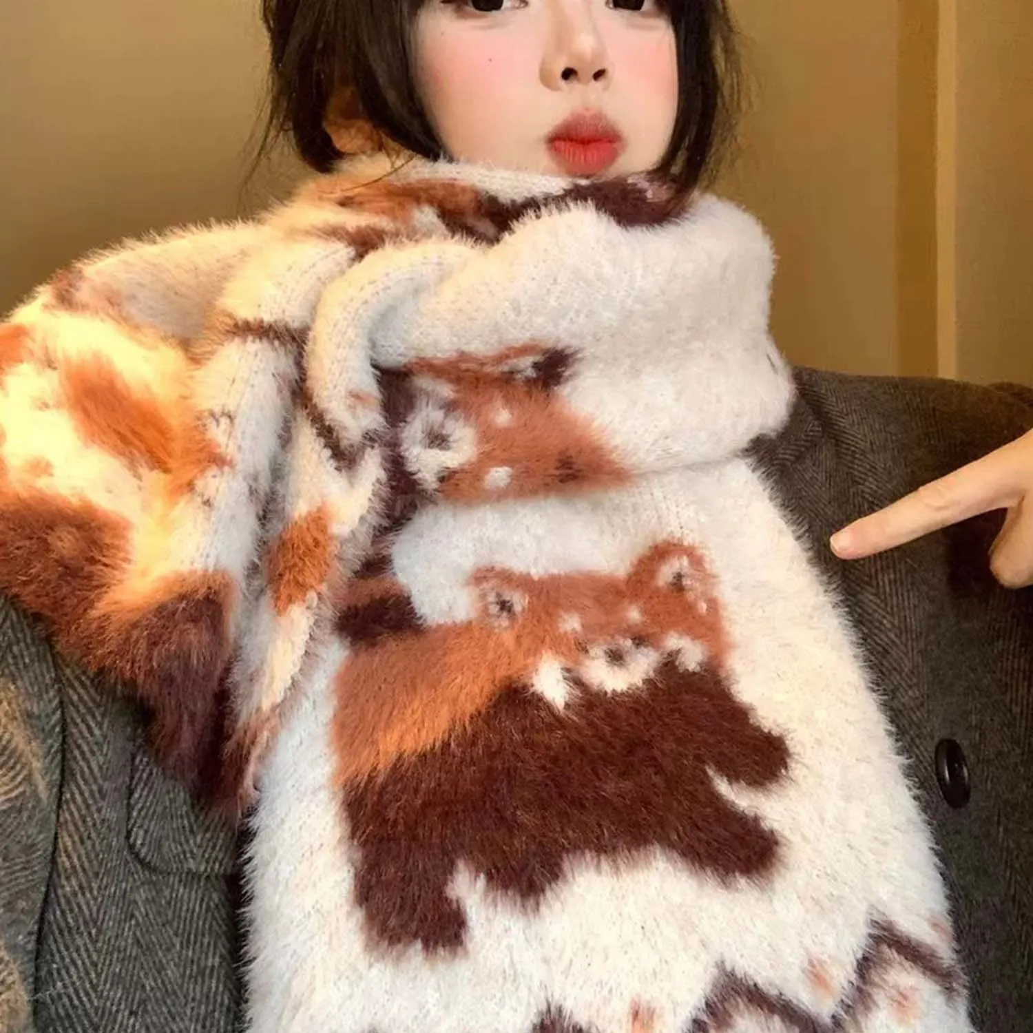 

Осенне-зимний шарф с рисунком красной панды, вязаный шарф с имитацией норки, мягкий удобный теплый шарф, японский женский утепленный шейный платок