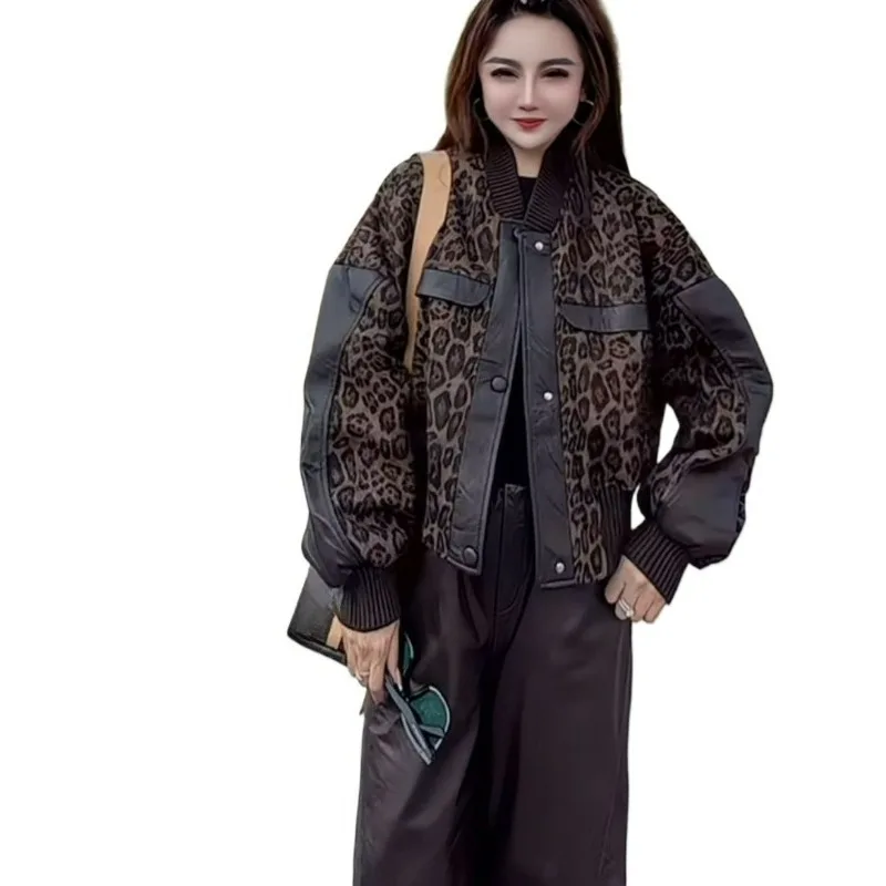 

Fashion Leopard Print Top Spring and Autumn New Short Thin Comfortable Cotton Baseball Jersey Leather Jacket Jacket Women
