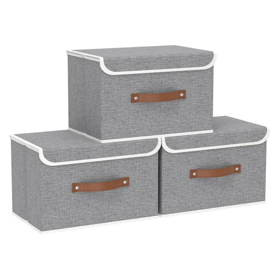 

Collapsible Storage Bin, Cube Organizer Basket, Fabric Box with Lids, Washable and Leather Handle, for Home, Closet, Grey, 15.0L