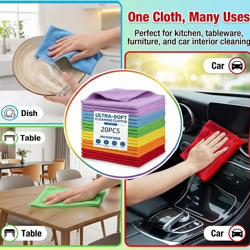 40/20/15/10/5pcs Multi-Purpose Ultra-Fine Fiber Cleaning Towels, Reusable Cleaning Cloth - Absorbent, Durable, Fast Drying
