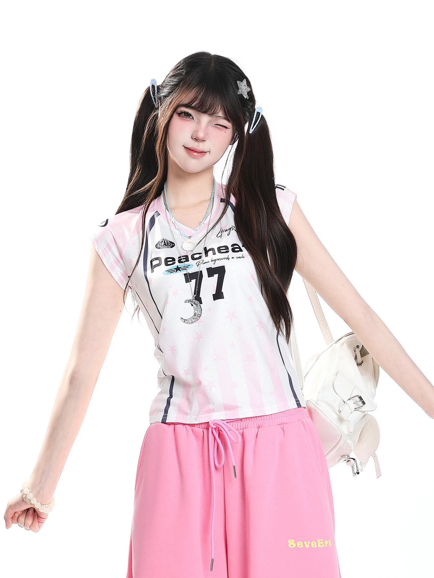 American Casual Style Short Sleeve V-Neck T-Shirt Women Summer Sports Slimming Design Short Length Baseball Jersey