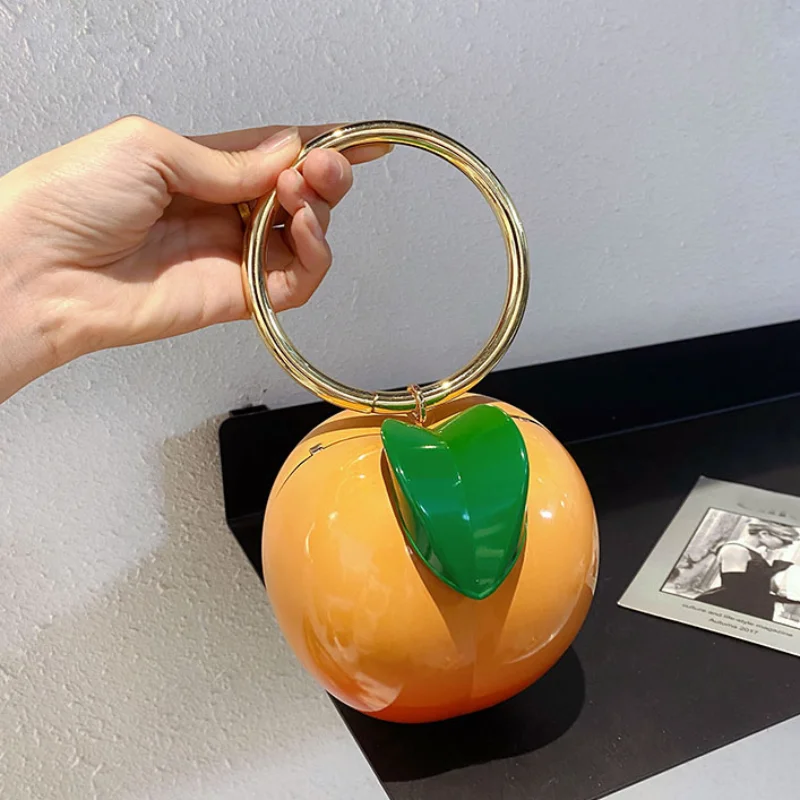 

Creative Fruit-shaped Evening Clutch Cute Peach Metal Round Ring Handbag Chain Crossbody Bag Luxury Designer Coin Lipstick Purse