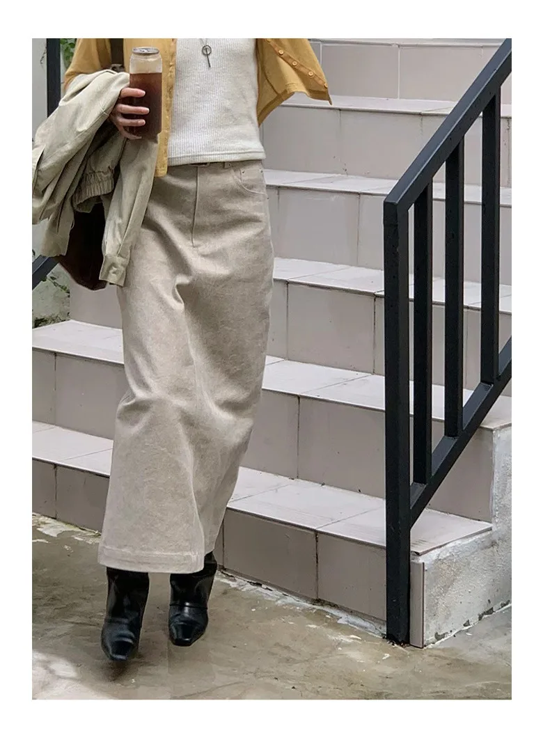 Primavera 2025 feminino cintura alta corte reto saia jeans simples ele alta fenda saia longa commute sle cor pura