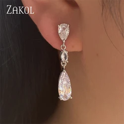 ZAKOL Classic Luxury Water Drop Cubic Zirconia Dangle Earrings for Women Female Shiny CZ  Bride Wedding Jwellery FSEP2982