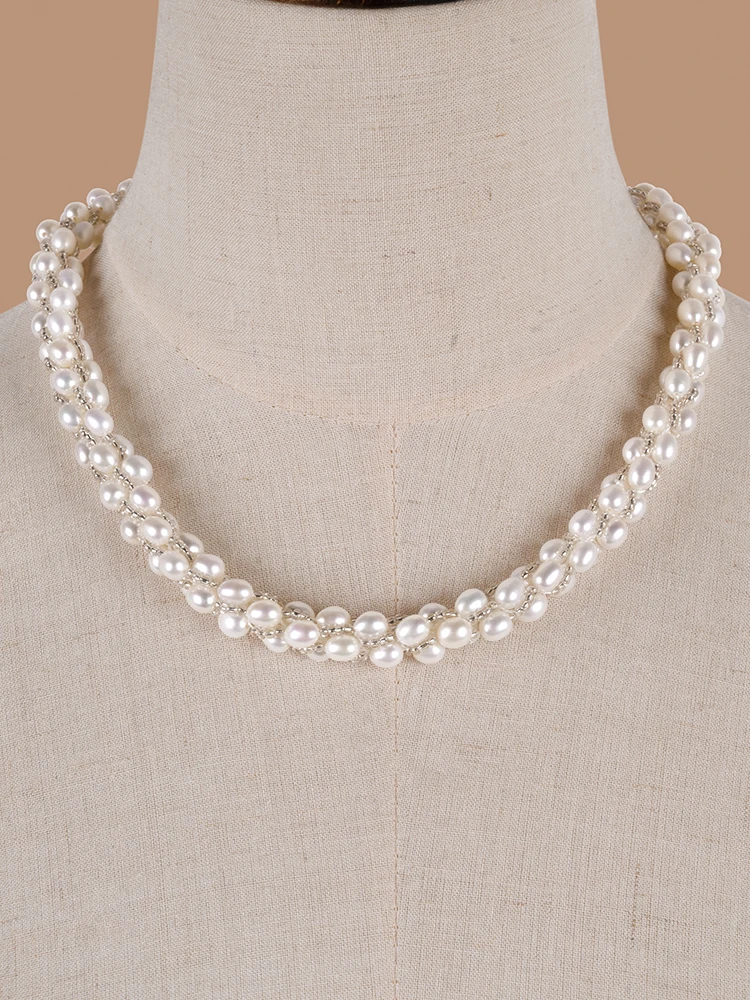 

5-6mm shining oval flawless vintage nature freshwater Pearl 925sliver sweater necklace for Women Girl's choker jewelry