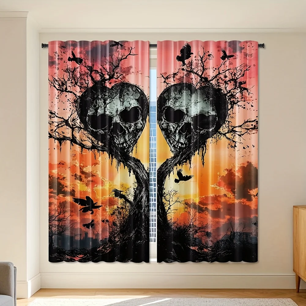 Gothic Skull Tree Curtains, Horror Sunset Pattern Drapes, Halloween Scary Window Treatment Home Decor