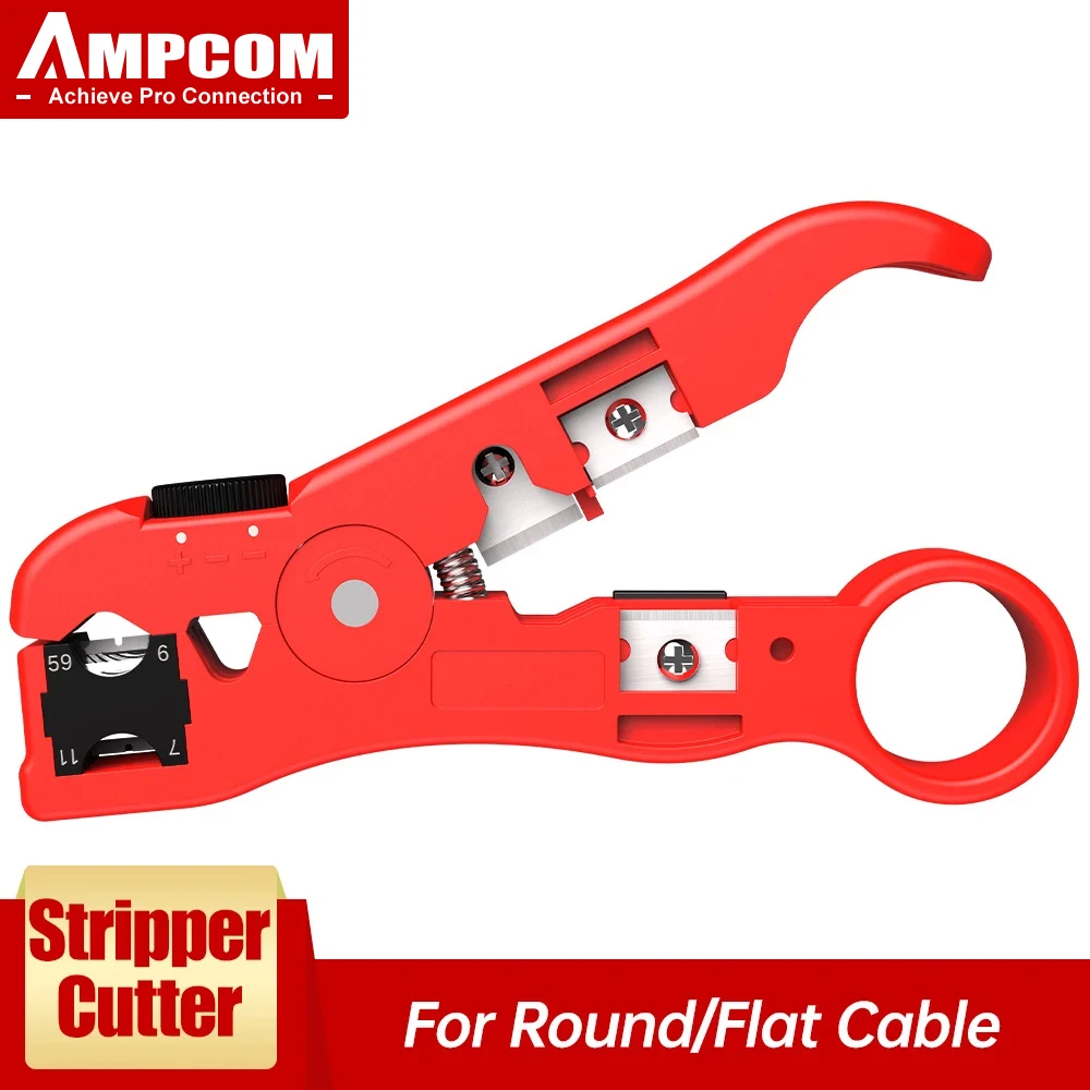 AMPCOM All-In-One Stripping Tool Cable Wire Stripper Compression Tool Coaxial Cable Stripper, Round Cable ,Cutter and Flat Cable