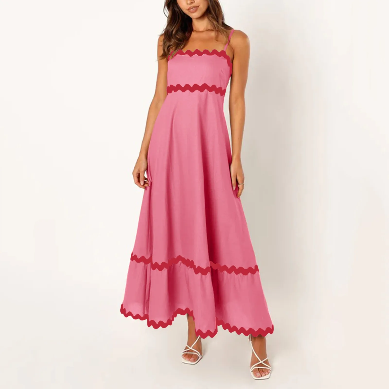 

Повседневное женское платье макси на бретелях-спагетти платья контрастных цветов с высокой талией элегантное свободное летнее пляжное женское длинное платье халат