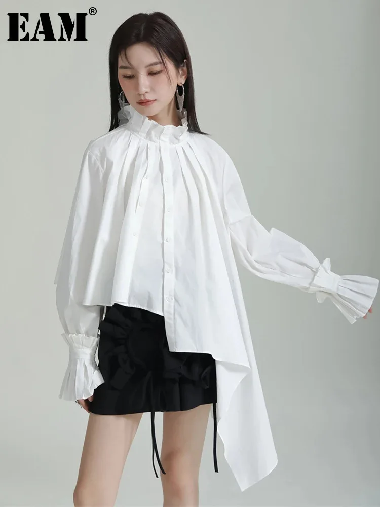 [EAM] Women White Pleated Irregular Big Size Blouse New Stand Collar Long Sleeve Shirt Fashion Tide Spring Autumn 2024 1DF5737