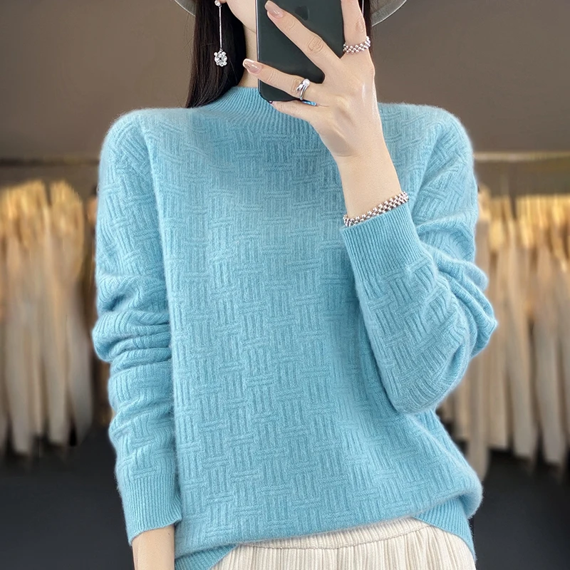 

100% Merino Wool Cashmere Sweater New Women's Knitted Sweater High Neck Long Sleeve Pullover Autumn/Winter Clothing Thermal Top