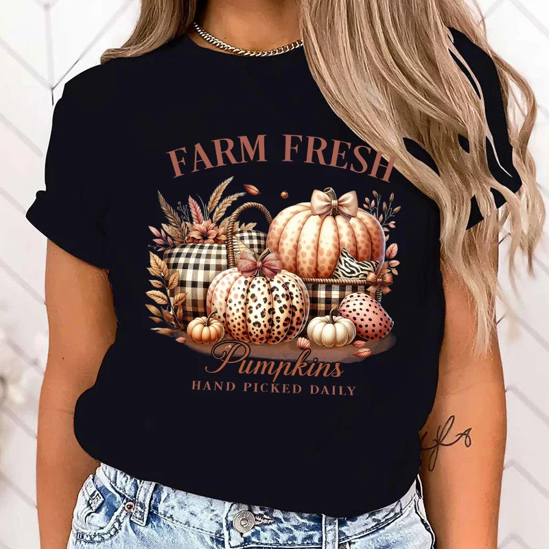 New Hot Autumn Farm Fresh Pumpkins Hand Picked Daily Printed T-Shirts Women Girl Unisex Casual Loose Round Neck