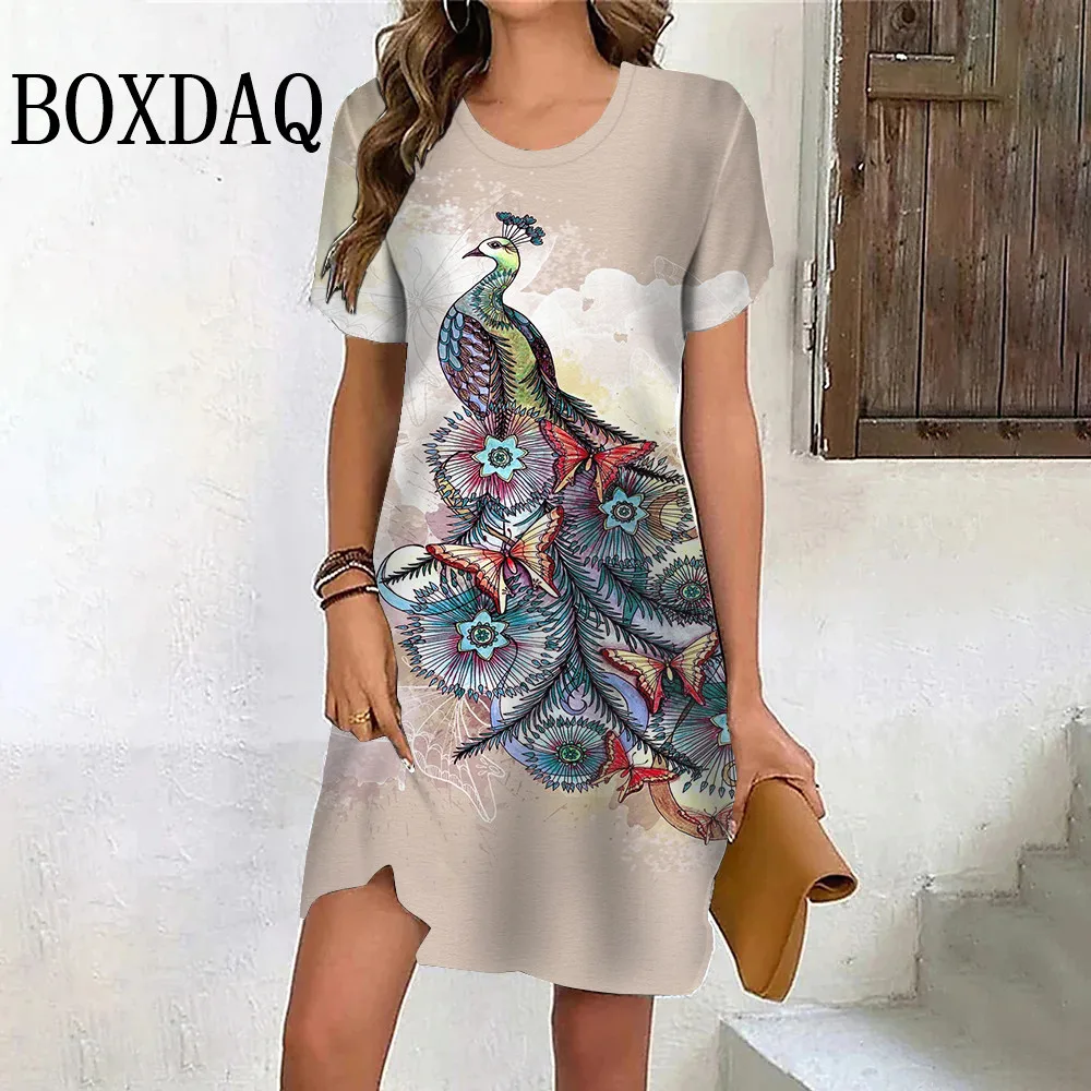 Painted Peacock Print Women's Dress Casual Fashion Loose Streetwear Short Sleeve Dress Summer Vintage Pullover Mini A-Line Dress