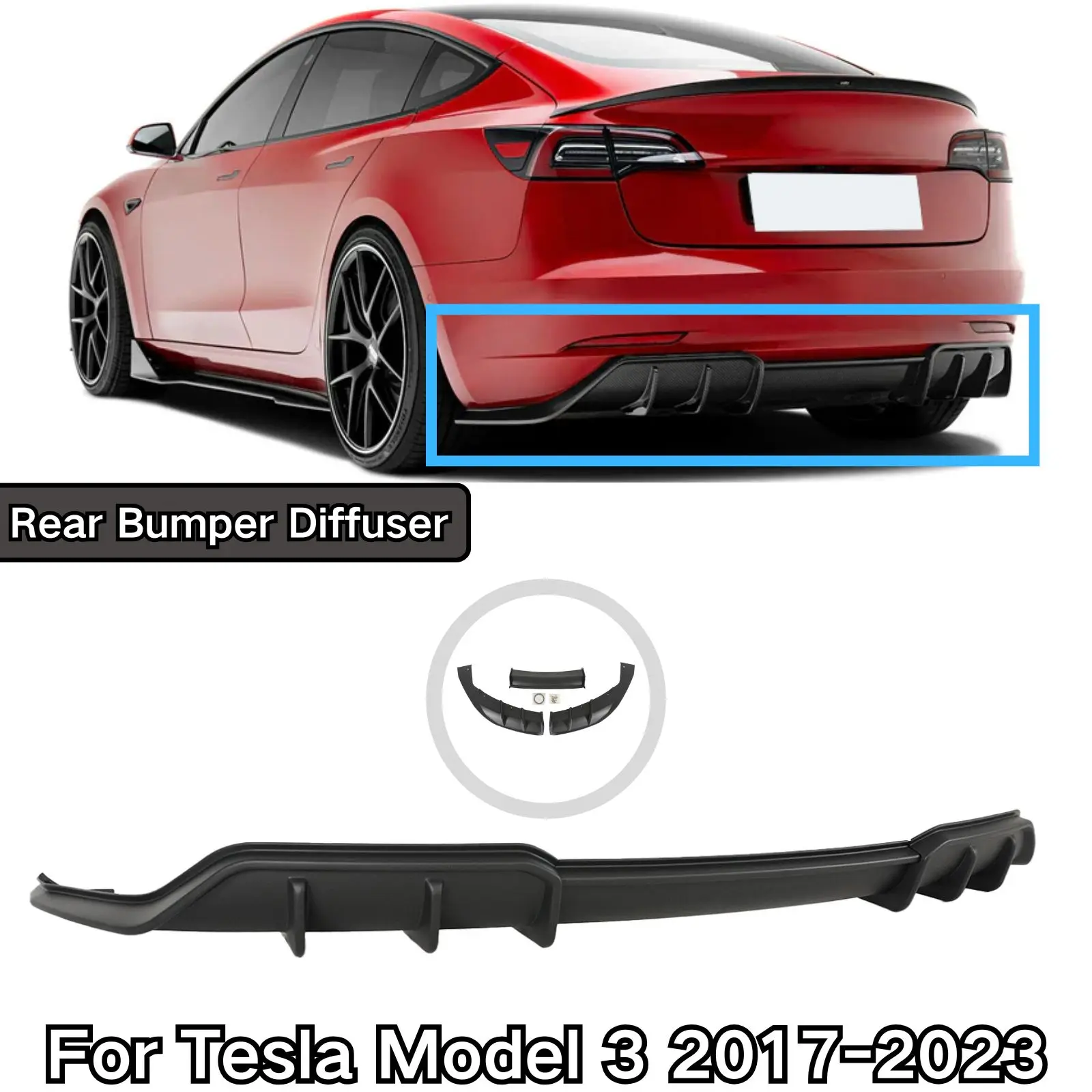 Rear Bumper Diffuser For Tesla Model 3 2017-2023 Matte Black Car Accessories Body Kit Glossy Black Carbon Fiber Painted 3 PCS