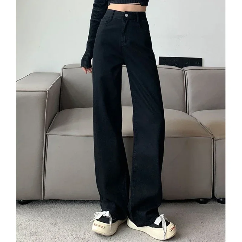 

Woman High Waist Slim Fit Wide Leg Jeans Female Y2k 2000s Casual Straight Leg Pants Girls Fashion Black Loose Denim Trouserse